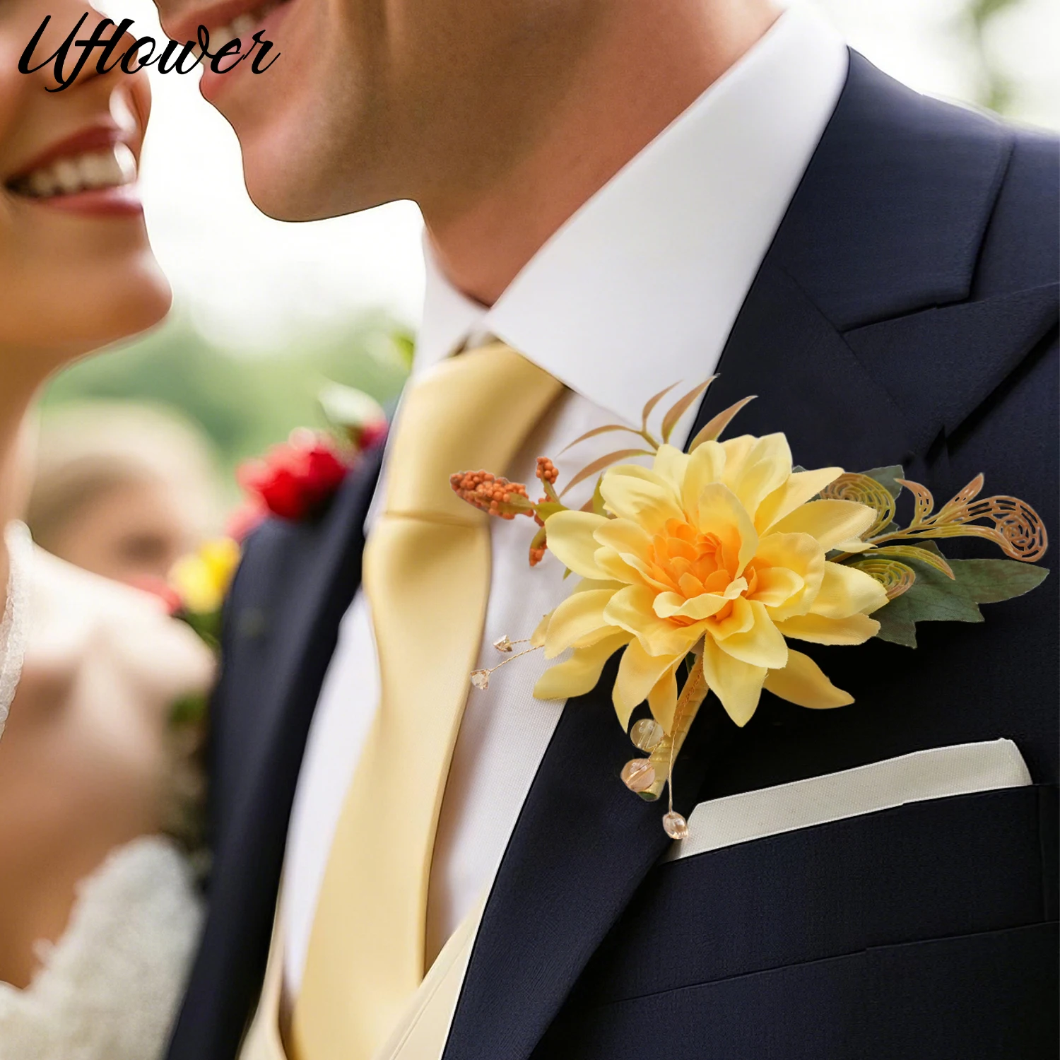 Uflower Boutonnieres Flowers Artificial Yellow Roses Silk Ivory Corsage Buttonhole Groomsmen Men Wedding Ceremony Accessories