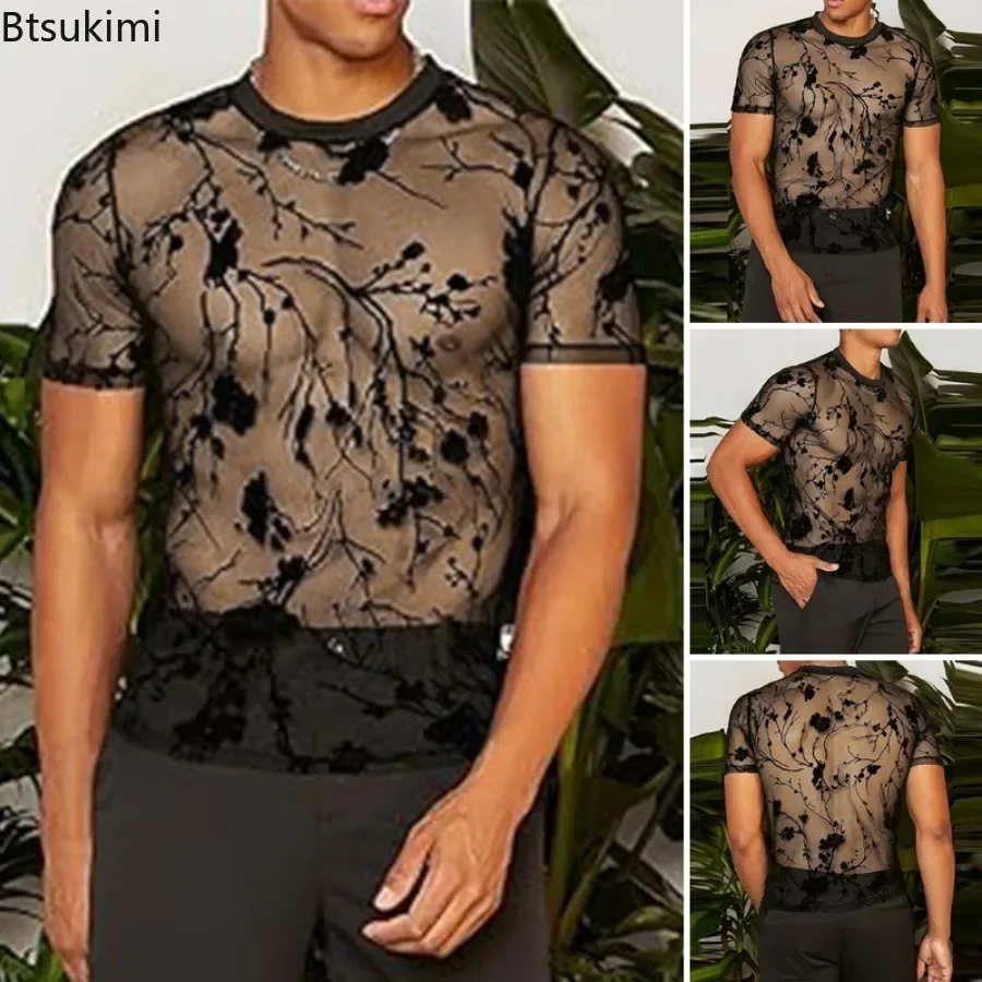 2025 Men's Sexy See-through Floral Printing Short-sleeved T-shirts Summer Transparent Thin Mesh O-neck Tops Streetwear Male Tees