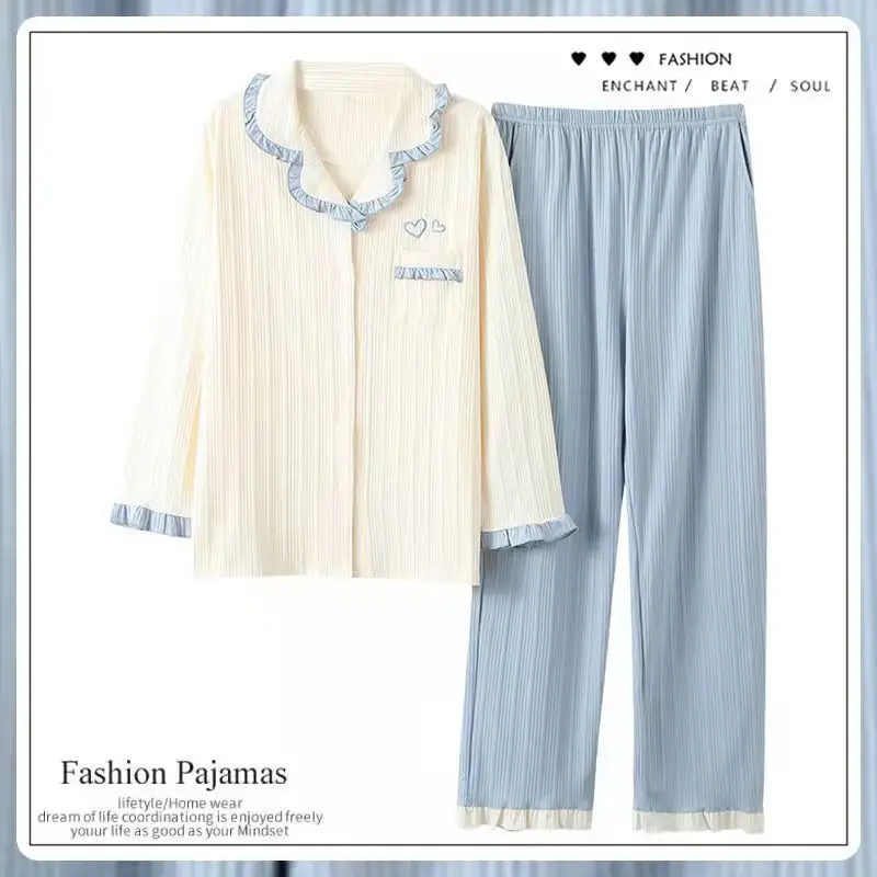 Pijamas Women 2022 Cotton Long Sleeved Casual Loose Pyjama Pour Femme Sets Outfits Sleepwear  Christmas Pajamas for Family Plue