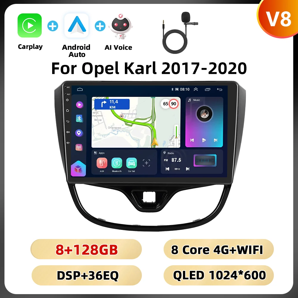 Podofo 10.1 '8core Autoradio Voor Opel Karl 2017-2020 Multimediaspeler 8 128G Carplay Android Auto Navigatie Rds Bt Autoradio