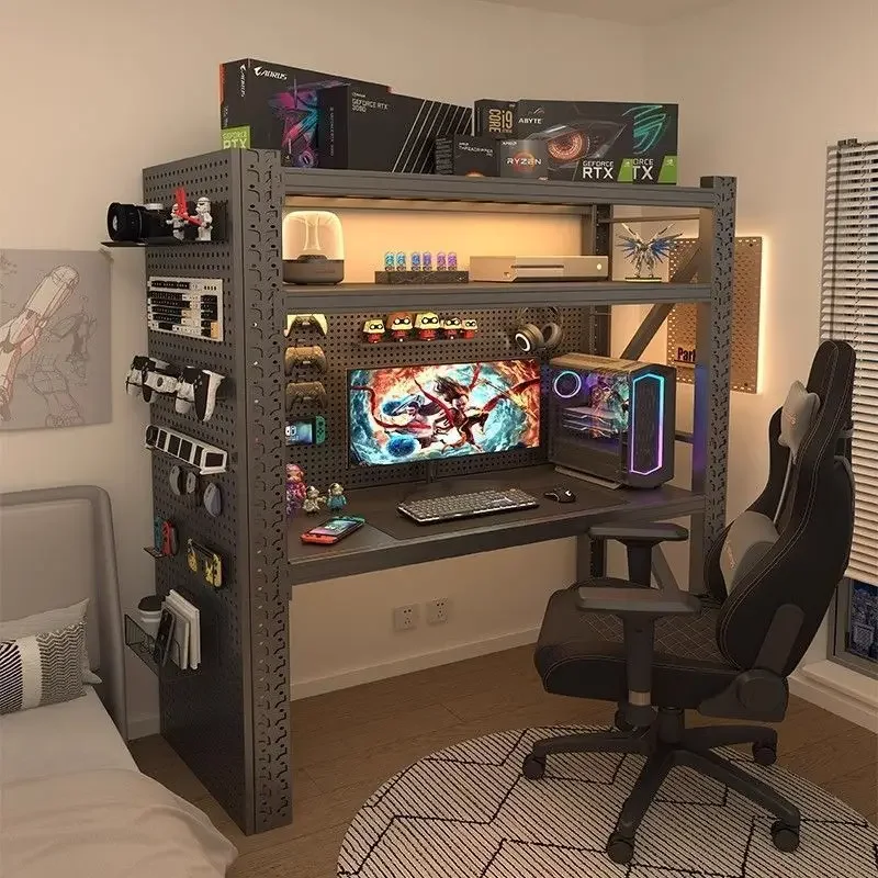 Computer desk household liftable thickened storage shelves, e-sports table hole board multi-layer storage rack