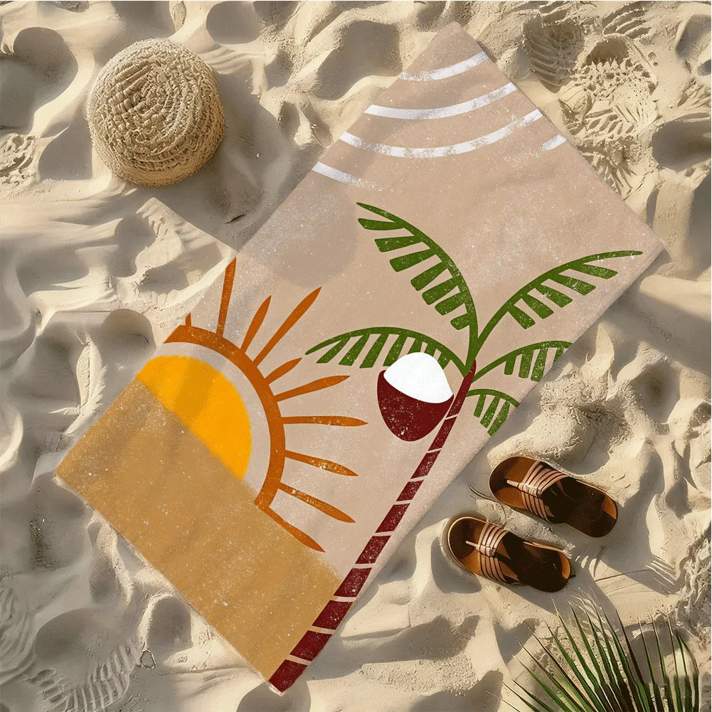 Coconut Tree and Sun Summer Beach Style High-Definition Digital Print Beach Towel, Quick-Drying and Soft, Suitable for Swimming