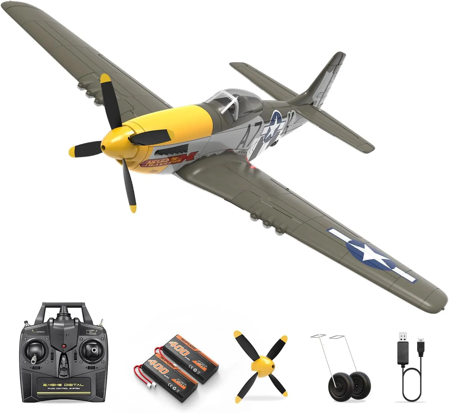 4CH P-51D Mustang 500mm RC Warbird Brushless RC Trainer Plane with 3 Flight Modes 6-Axis Gyro Supports Stunts for Beginners