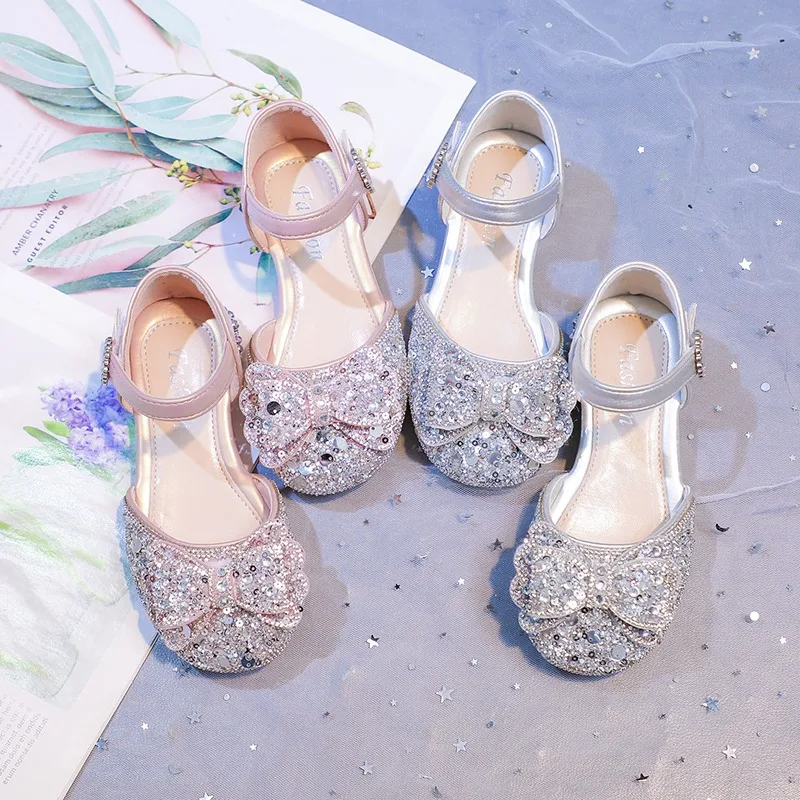 

Girl's High Heel Sequin Princess Comfort Sandals Summer Little Girl Glitter Bow-knot Performance Dress Shoes for Evening Party
