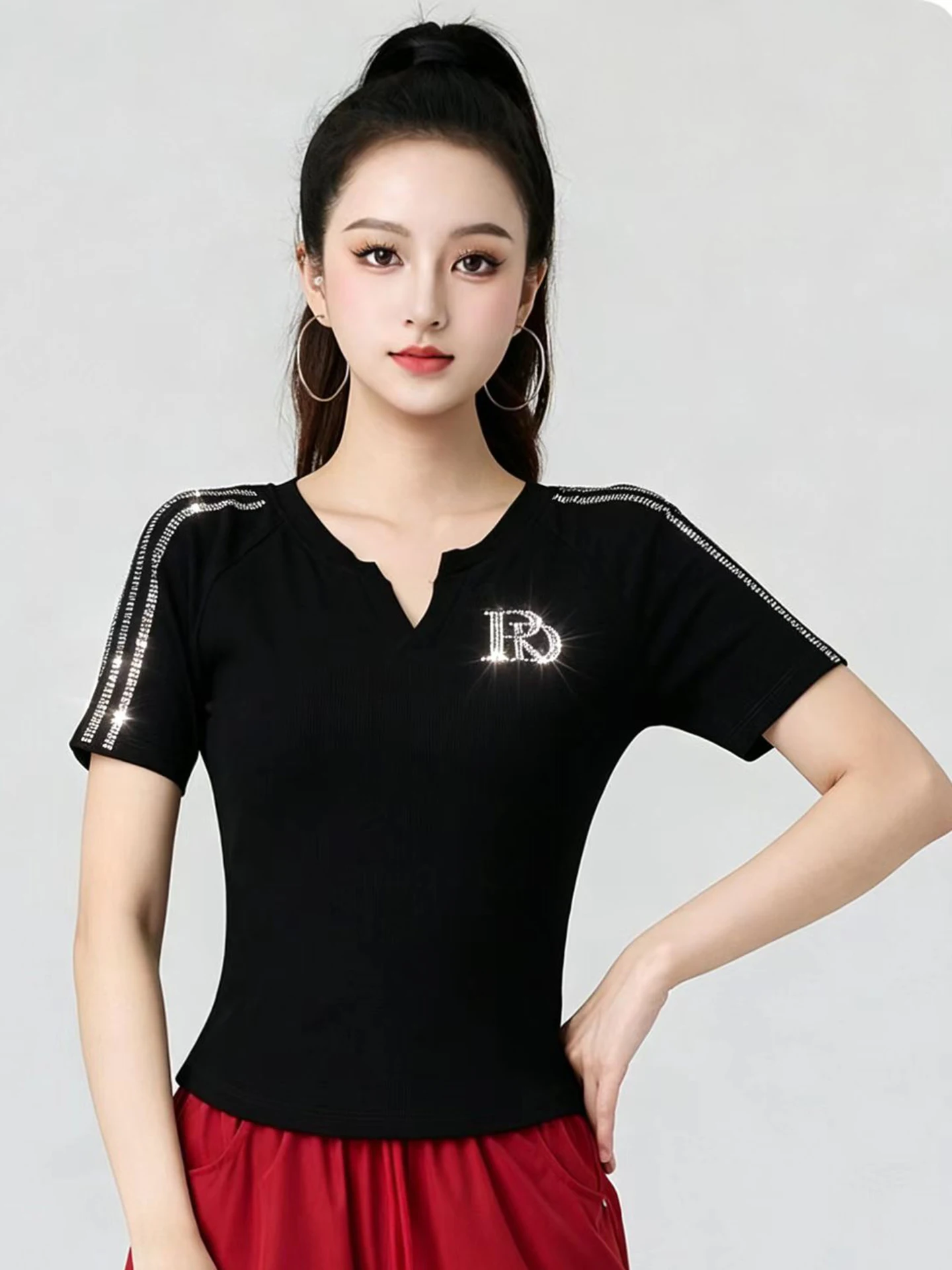 スクエアダンス-レディース-トップス-夏の新スタイル-半袖-vネック-スリムフィット-シャイニーダイヤモンド-チームダンス-スポーツウェア-コットン-ポリエステル