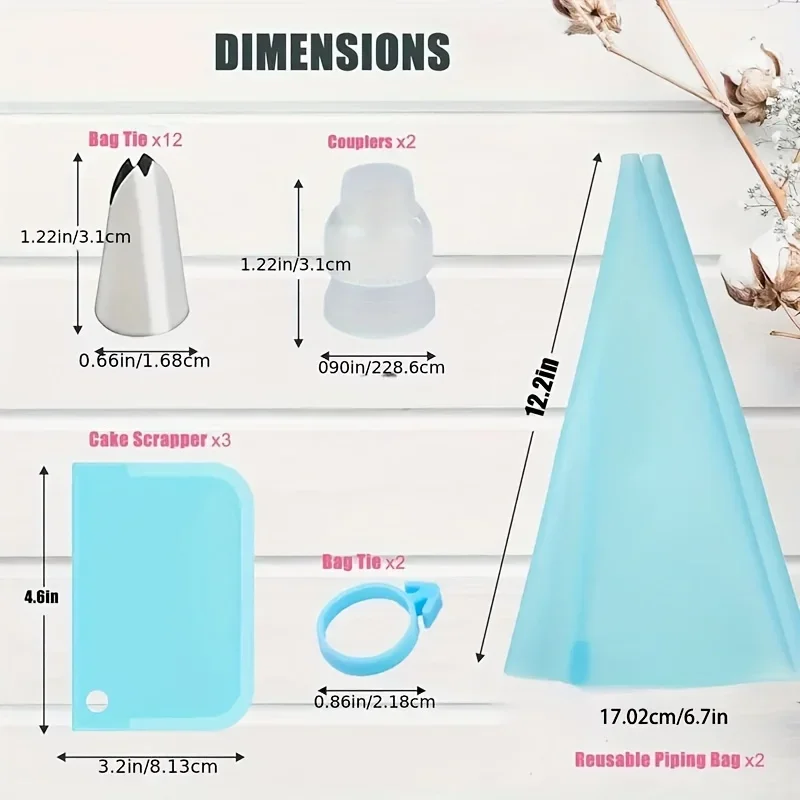 Complete Cake Decorating Kit with Reusable Piping Bags, 12 Stainless Steel Icing Tips, Silicone Rings, Couplers & Scrapers