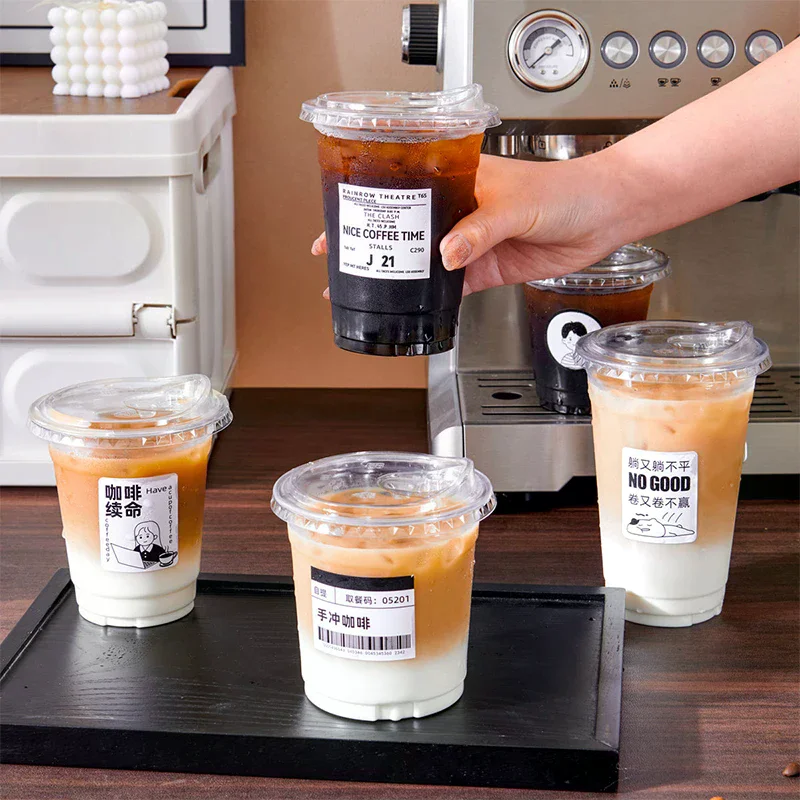 10-Pack Transparent Disposable Cups with Straw-Less Covers for Chilled Beverages, Smoothies, Iced Coffee, and Juices