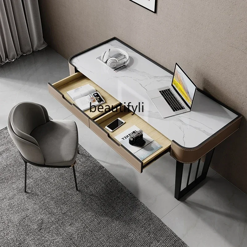 k182xzStone Plate Light Luxury Desk Saddle Leather Study Writing Italian Minimalist Modern Simple Home Office Computer Desk Mode