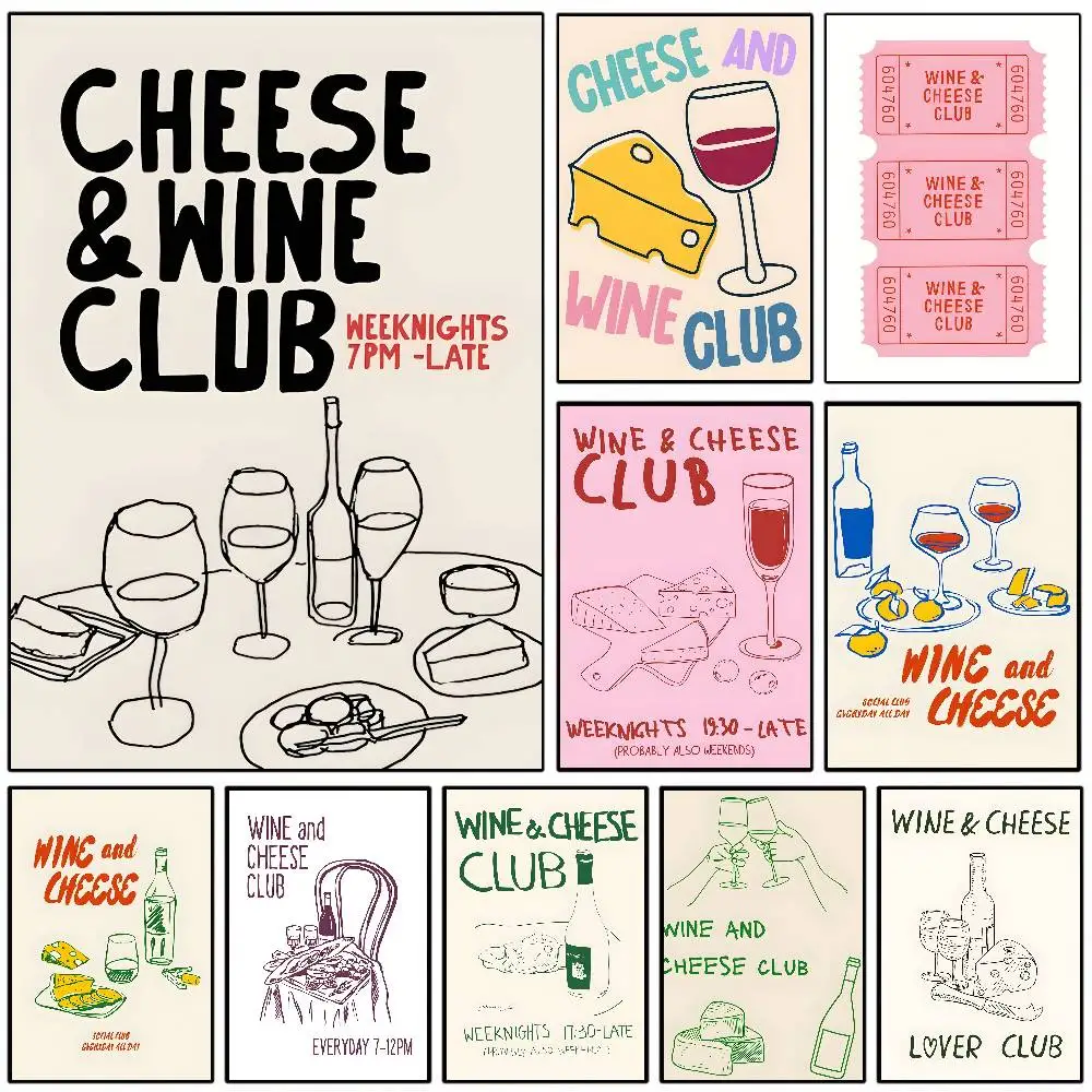 Wine And Cheese Club Kunstdruck, Poster, Druck, Selbstpflege, Wandkunst, Leinwandgemälde für Wohnzimmer, Schlafzimmer, Heimdekoration