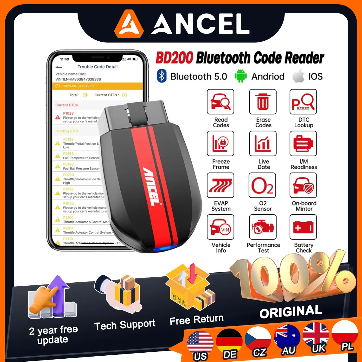 

Диагностический сканер ANCEL BD200, Bluetooth 5,0, OBD2, считыватель кодов