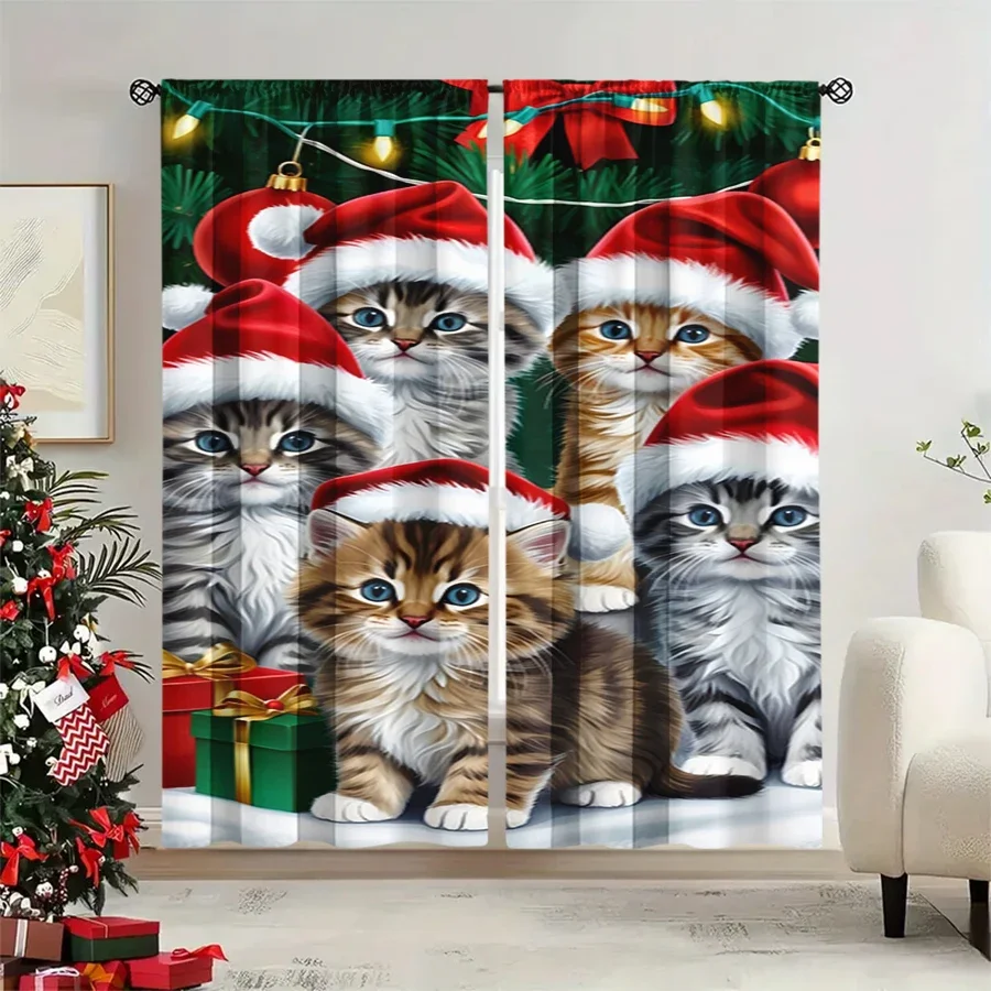 2PCS Christmas Winter Curtains, Five Kitten Santa Hat Light String Green, Digital Print, Bedroom Living Room, Home Decor