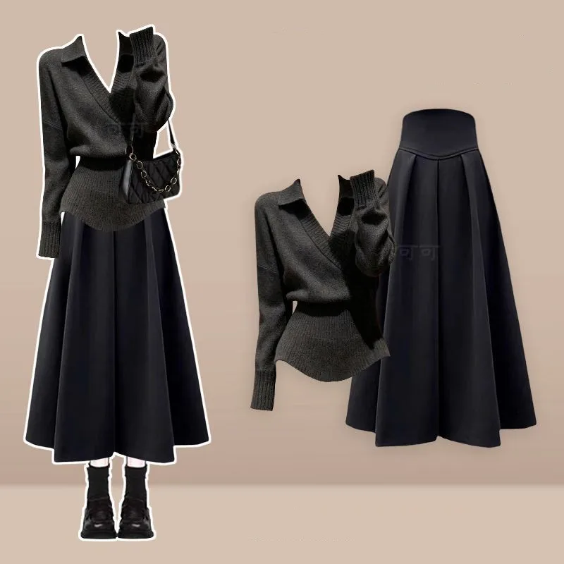 

Women's Spring Autumn New Fashion In Dress Matching Set Korean Elegant Irregular V-neck Knit Sweater+Midi Skirt Two Piece Suit