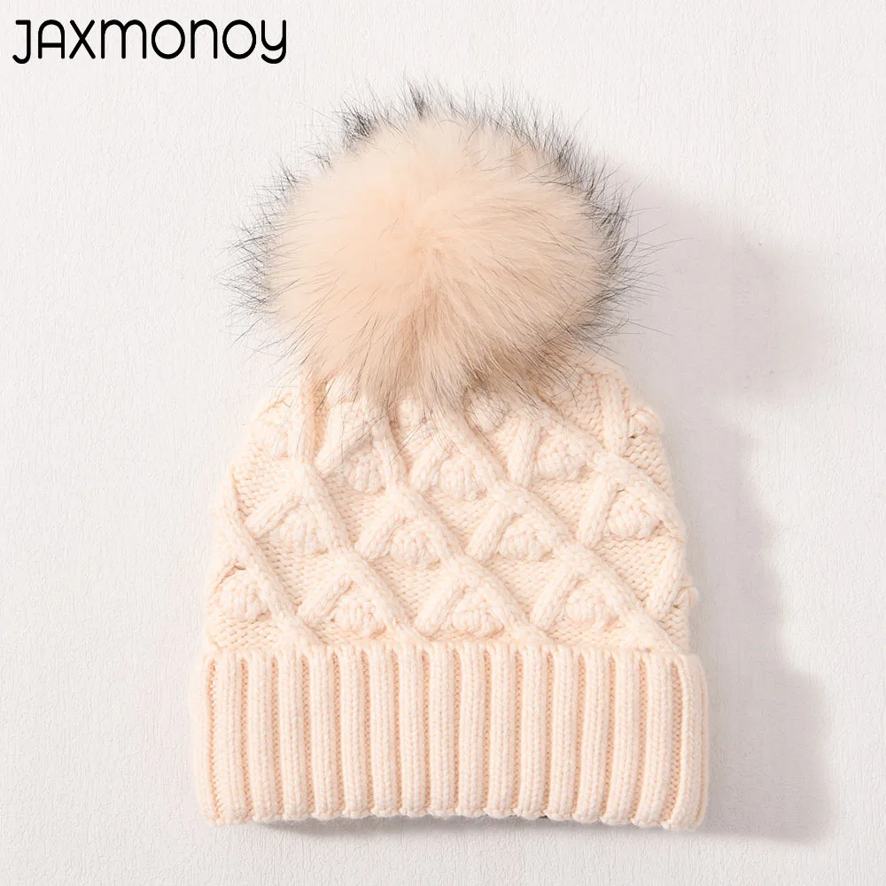 Jaxmonoy Women's Knitted Beanie Hat With Real Raccoon Fur Pompom Winter Thicken Warm Wool Blend Skullies Ladies Casual Beanies