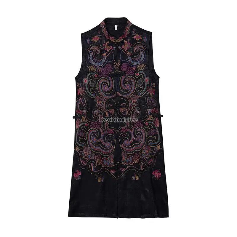 2023 new women's chinese ethnic style stand collar flower embroidery long sleeveless jacket top cheongsam button blouse s834