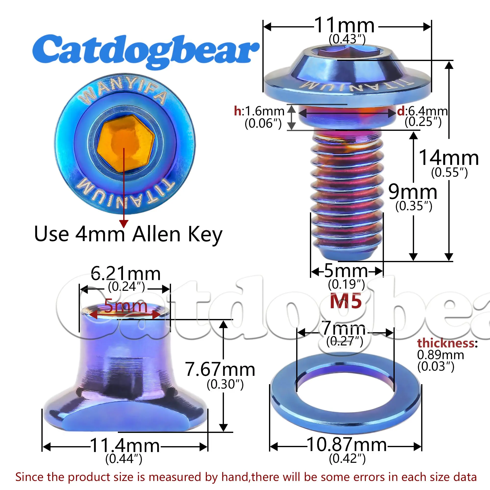 Catdogbear Titanium Bolt M5 Ti Bolts C Caliper Brake Shoes Hex Screws Nut Washer For Bike Cycling Brake Pad bolts Parts