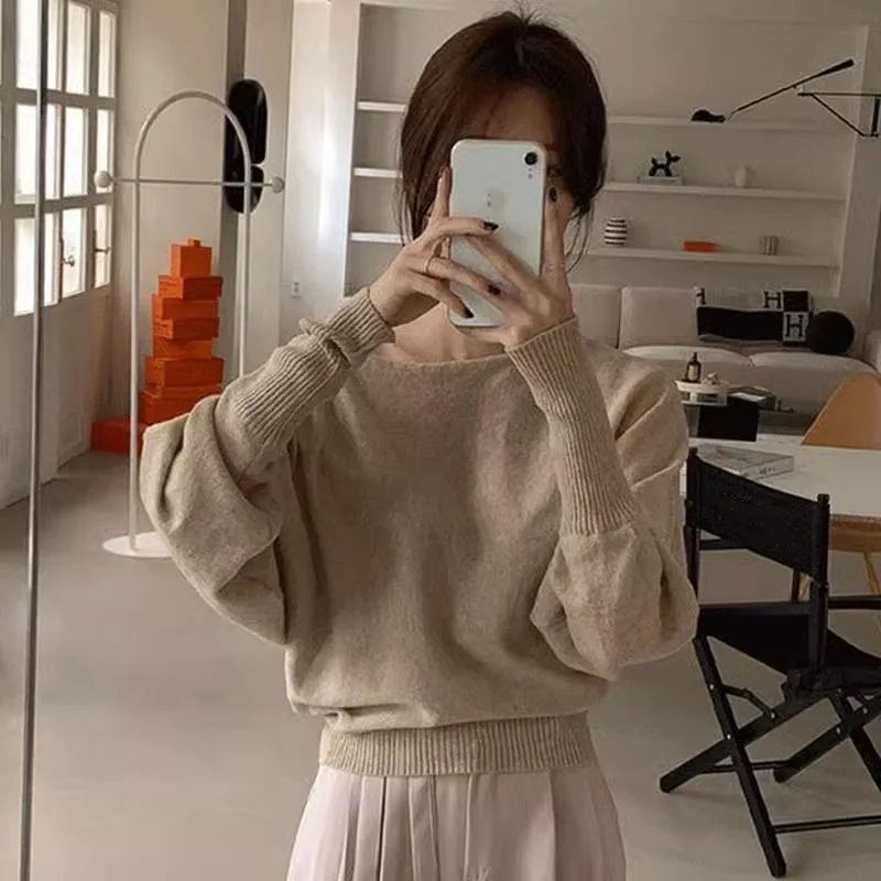 Lucyever Korean Chic Off Shoulder Sweaters Women Fashion Loose Lantern Sleeve Knitted Pullover Woman Vintage All-Match Knitwear