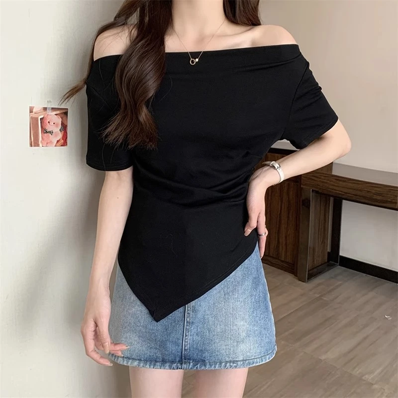 Irregular One-shoulder Tops Tees Female 2024summer Blouse Thin Loose Strapless Short Sleeve T-shirt Women's Clothing Y2k Ropa De