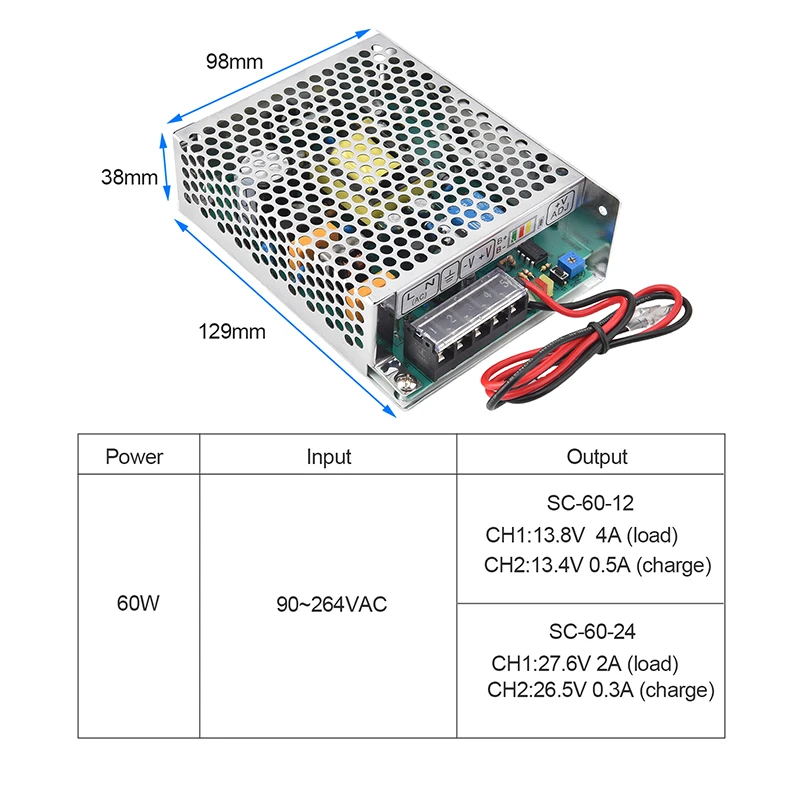 60W 12V 5A universal AC UPS/Charge function monitor switching power supply 13.8v, battery charger 2 year warranty (SC-60-12)