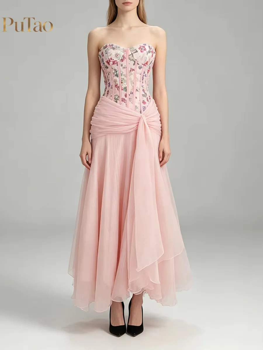 PuTao Midi Prom Dress Strapless Floral Embroidered Corset Draped Chiffon Tulle Skirt Formal Gown Cocktail Party Wear