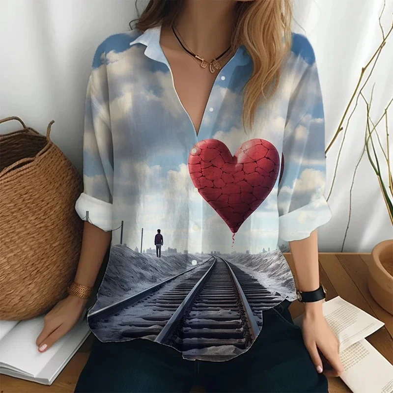 Heart and track 3D print shirt Loose casual long sleeve shirt Spring and autumn new lapel shirt Harajuku oversized shirt