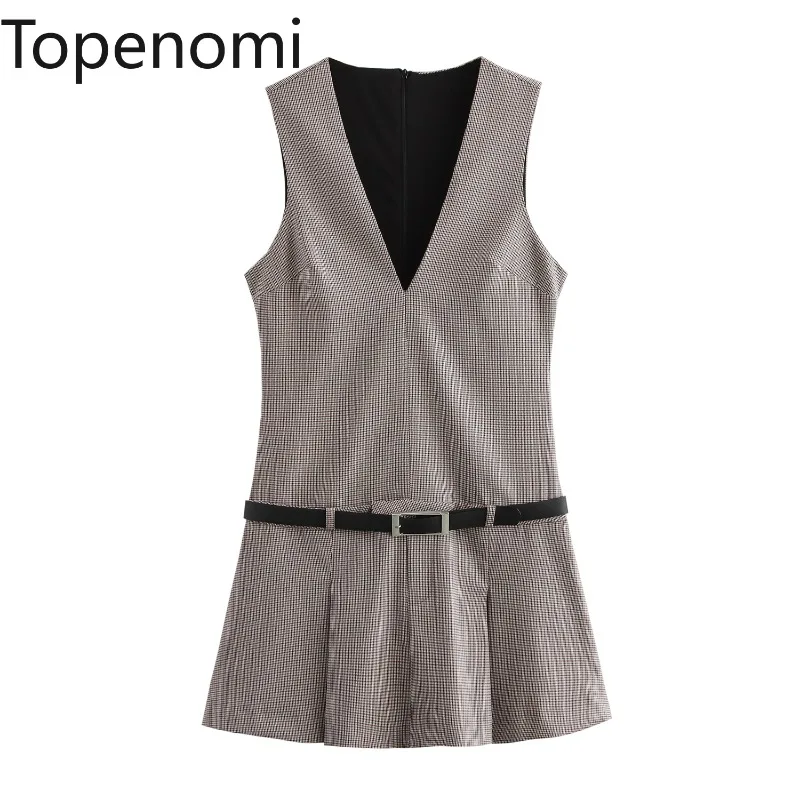 Topenomi 2024 New Sleeveless Suit Dress Women French Temperament V Neck Belt Waist Slim Pleated A-line Short Dresses Vintage INS