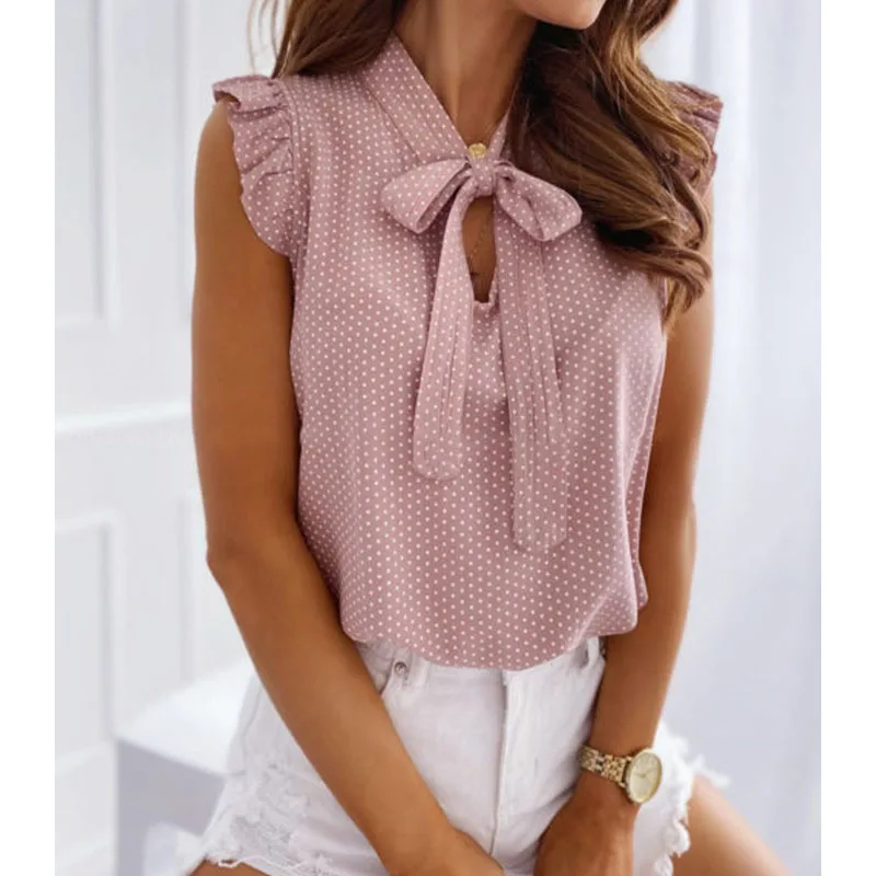 

Female Trend Polka Dot Printed Casual Sleeveless Shirt Summer Women's Clothing Fashion Commute Lace Up Bow Blouse for Female