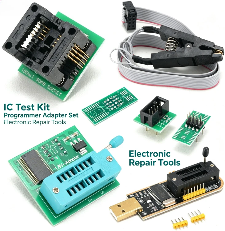 CH341A CH341B USB Programmer Full Kit, SOP8 SOIC8 Test Clip 8‑Pin Universal Clip for BIOS SPI Flash EEPROM Chip Programming