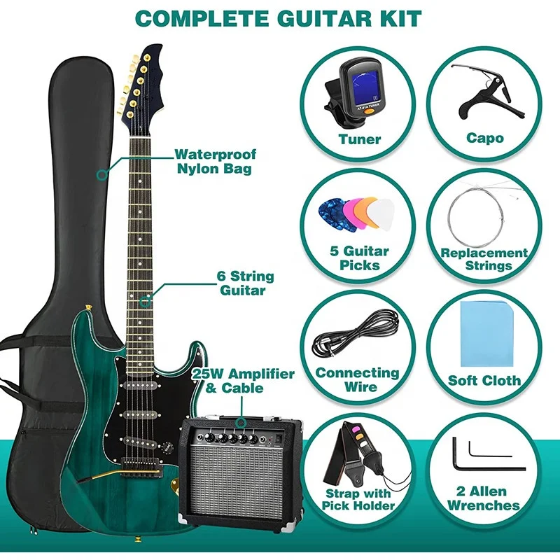 Huasheng High Quality 39 Inch Electric Guitar Full Size Beginner's Musical Instrument Kit with 25 Watt Amplifier Ripple Green