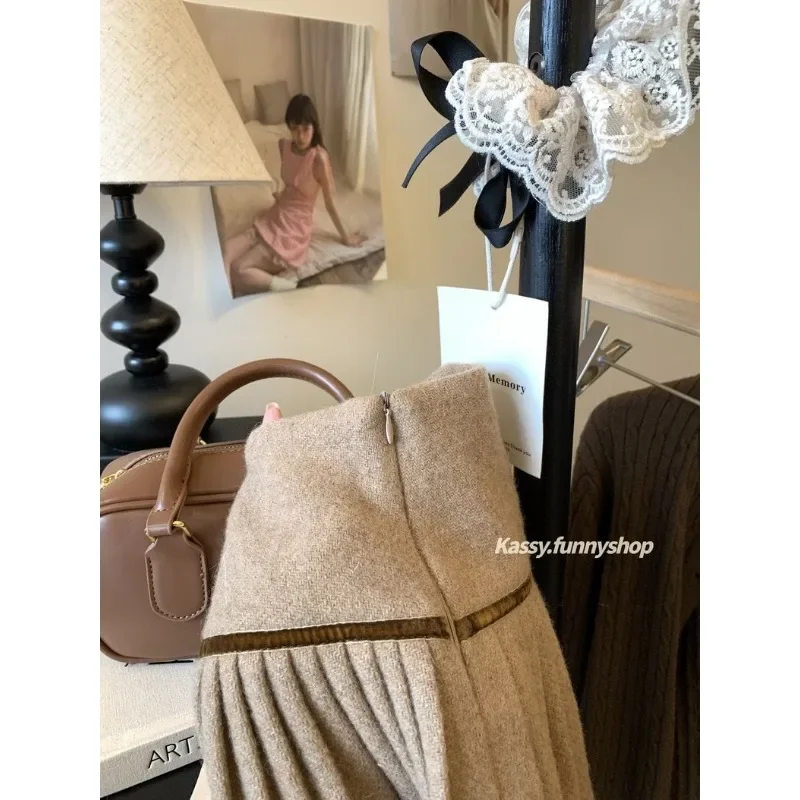 กระโปรงพลีททรงเอวสูง ผ้าวูลลายสก็อต สไตล์เรโทร สำหรับผู้หญิง ฤดูใบไม้ร่วงและฤดูหนาว