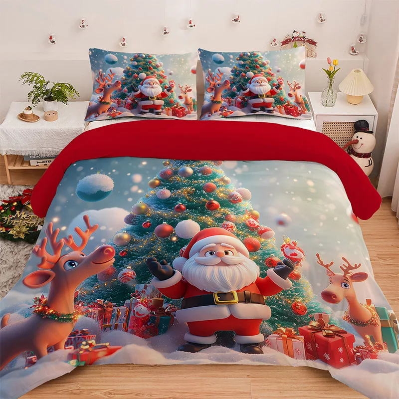 3PC Cartoon Christmas Duvet Cover Kawaii Elk Interesting Old Man Bedding set (1Duvet Cover &2Pillowcases) No filler/core