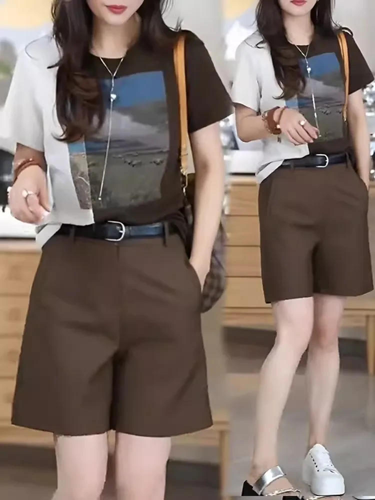 

2025 summer outfit paired with a complete set of fashionable casual printed T-shirt shorts popular two-piece set