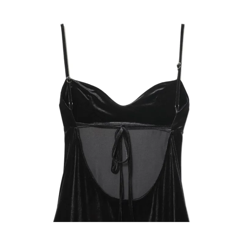 ربيع الخريف المرأة المخملية الدانتيل فستان ميدي مع تنحنح غير المتماثلة الخامس الرقبة رقيقة الأشرطة مثير عارية الذراعين المرأة ميدي فستان الإناث #4