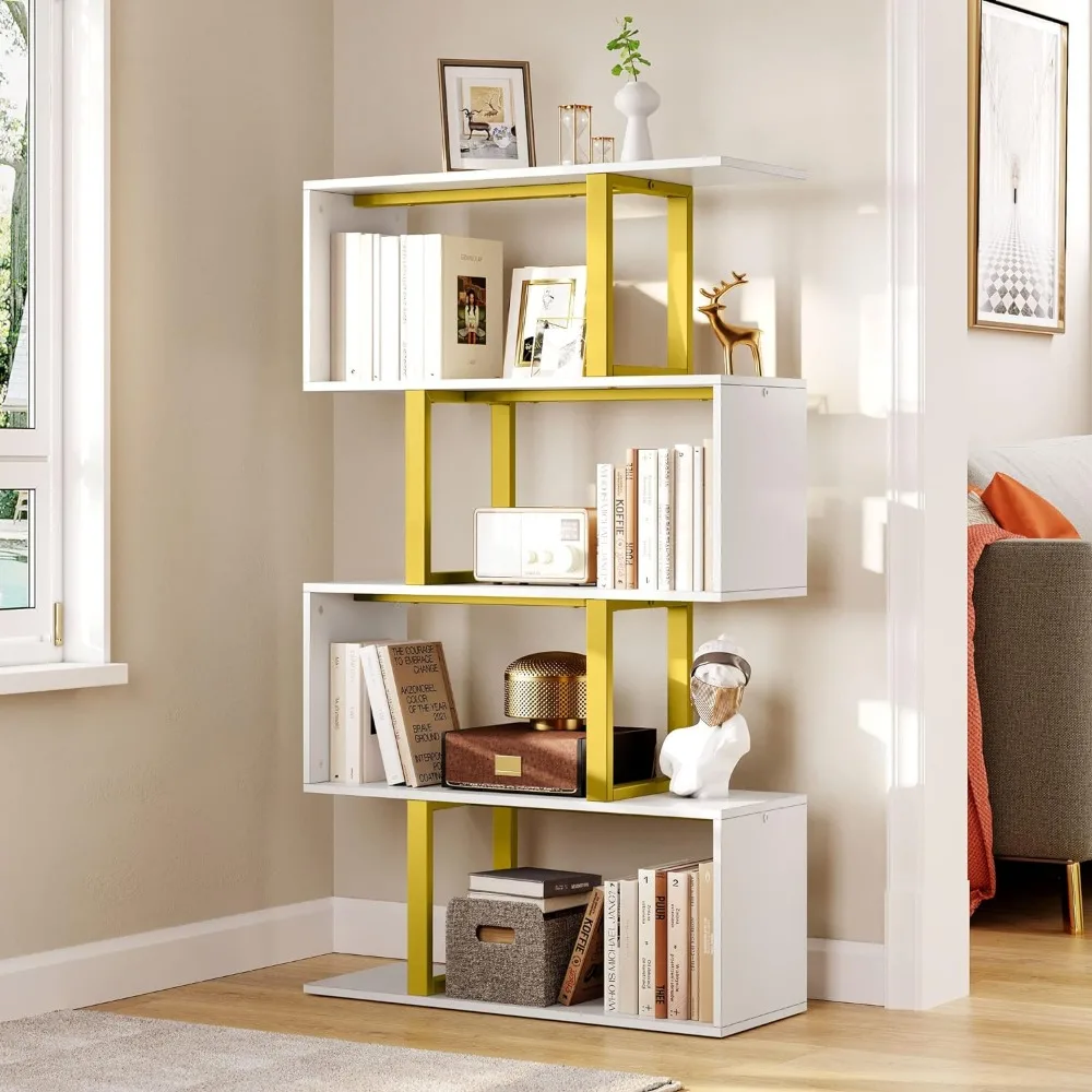 S-Shaped Z-Shelf Bookshelves and Bookcase, Modern Freestanding, Multifunctional Decorative Storage, Living Room Shelving