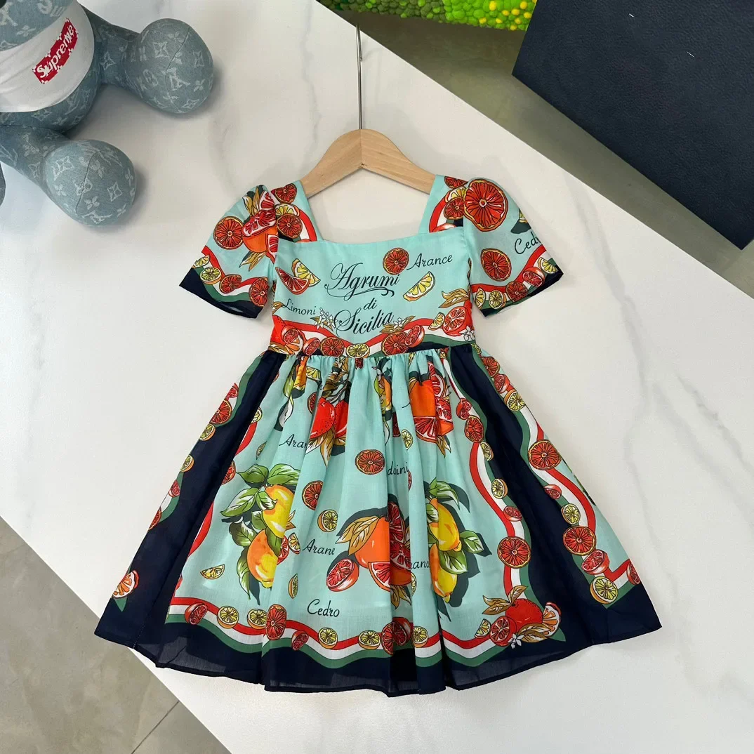 French design style Vintage Print Fruit Girls Summer Dress New Bright Holiday Short puff sleeved flower Princess Dresses 100-160