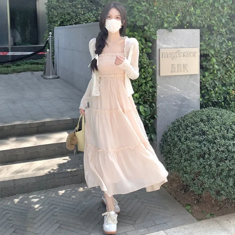 Elegant Two-Piece Set for Women Camisole Dresses Sun Protection Shawl Party Holiday Style Fairy Office Wear Lady Summer New 2024