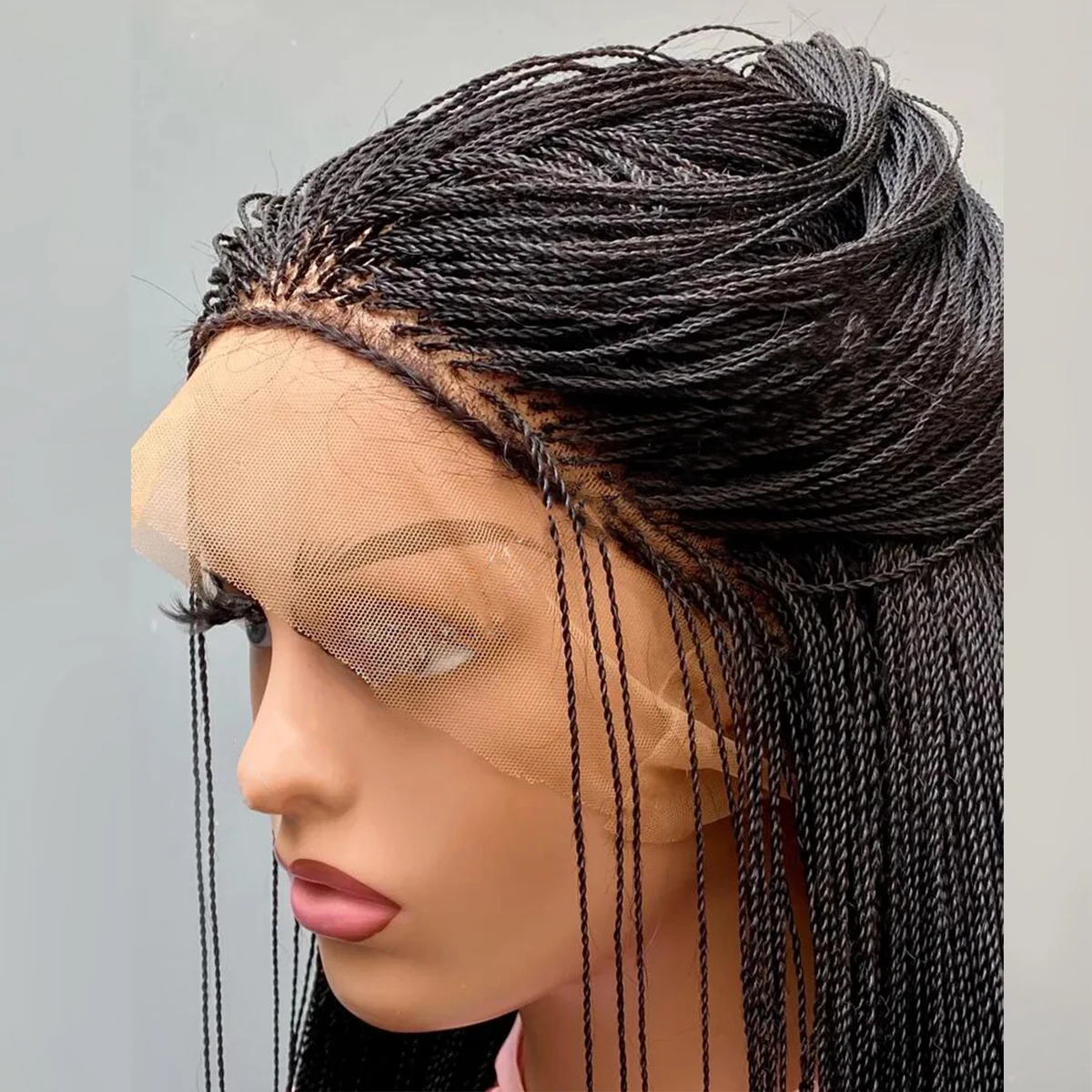 Micro Twist Braided Wig on Front Lace Color 1b Black braids 