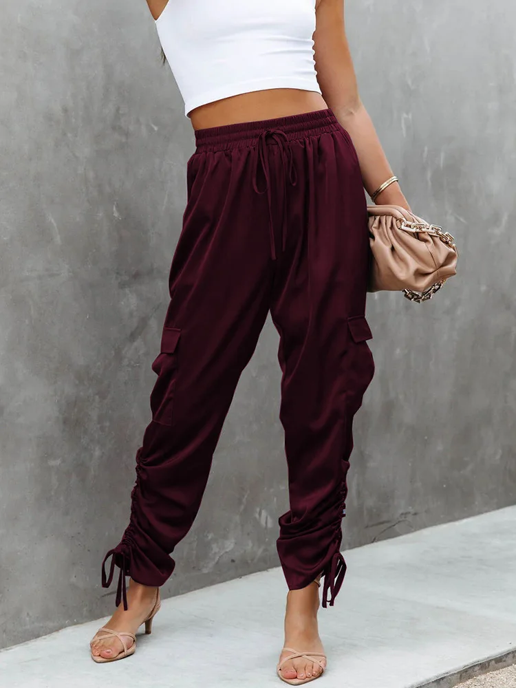 

High Waist Elastic Waist Lady Solid Trousers Women Patchwork Drawstring Long Bottoms England Style Office Slim Fit Pencil Pants