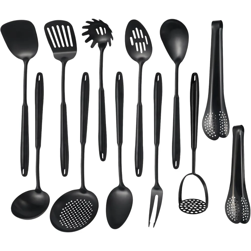 

304 Stainlss Steel Matte Kitchen Utensils Set, 12 Pcs Long Metal Cooking Utensil Gadgets Tools Set with Spatula, Ladle, Spoon, L