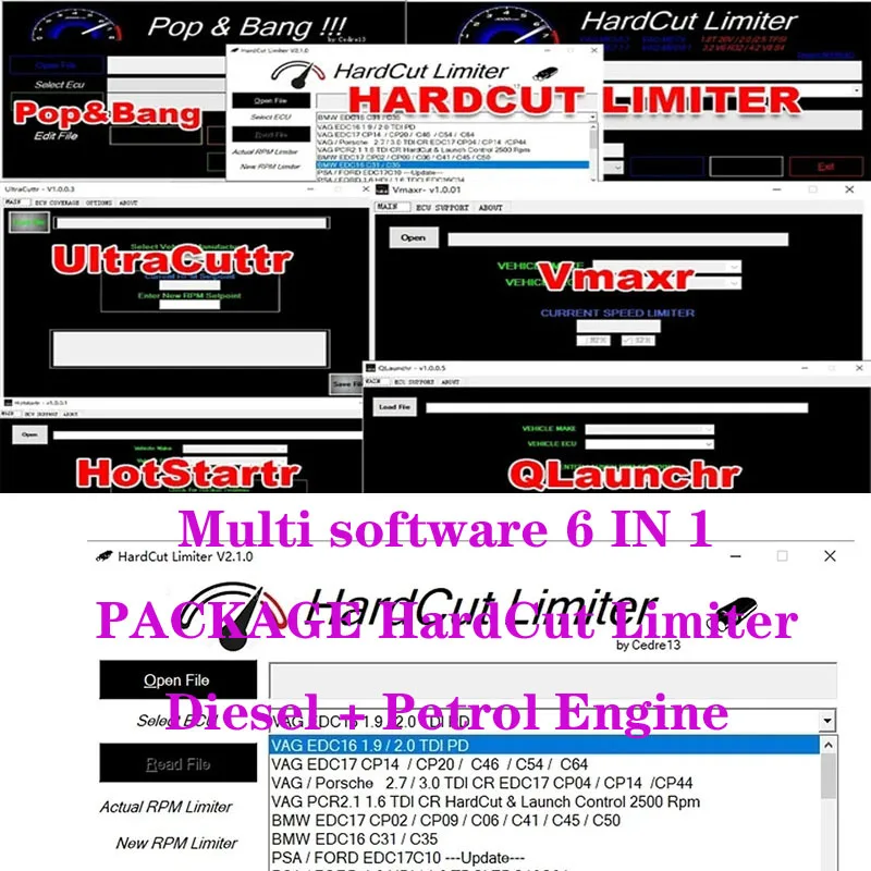 Paquete multisoftware 6 en 1, limitador de corte duro diésel, motor de gasolina UltraCuttr, Pop & Bang, HardCut VMAX, HotStartr y QLaunchr