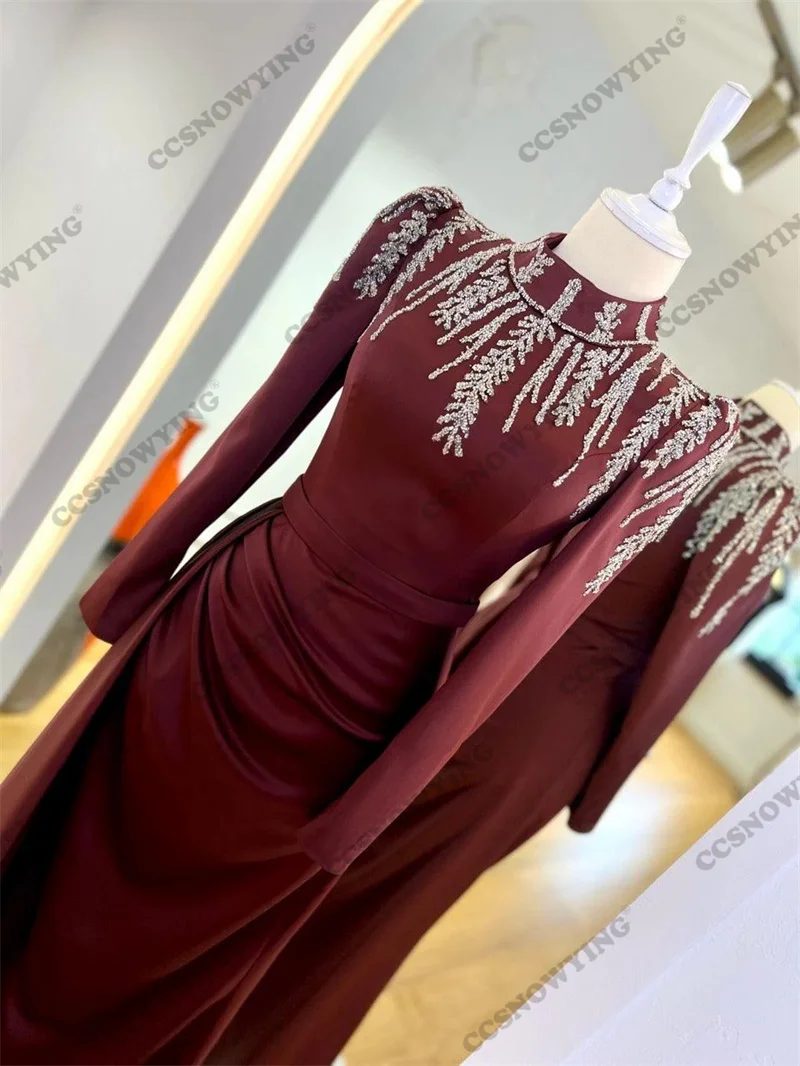 Burgundy Satin Beaded Muslim Evening Dresses Long Sleeve Hijab Islamic Formal Party Gown Arabic Dubai Women Robes De Soirée