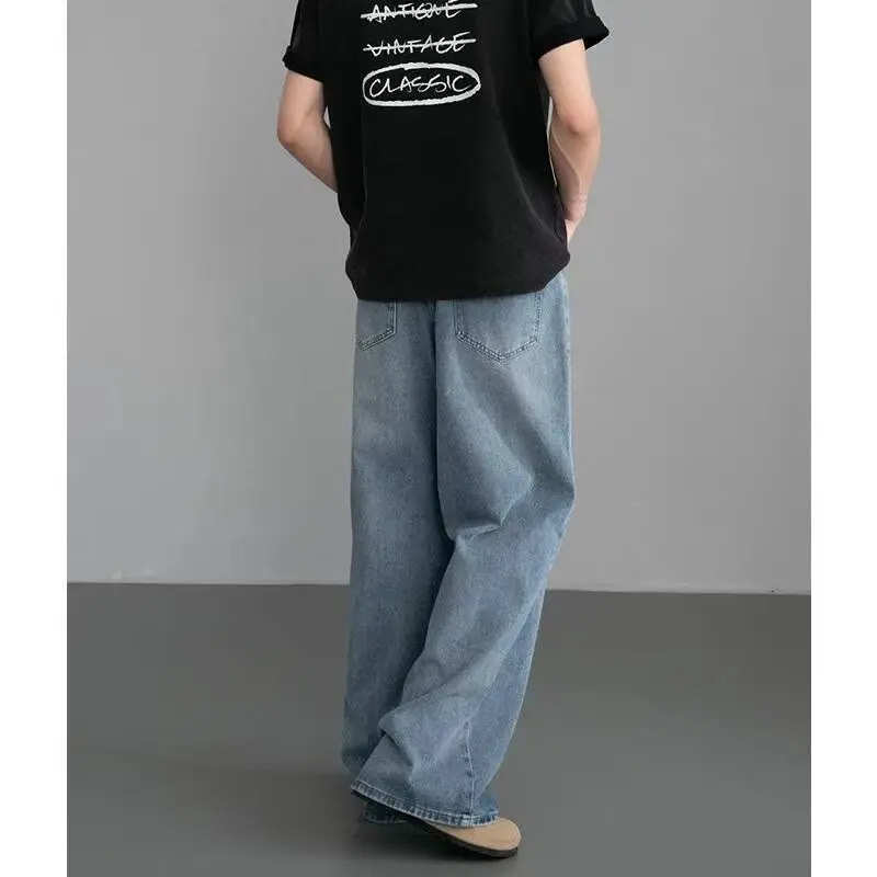 กางเกงยีนส์สีดำผู้ชาย กางเกงขากว้าง กางเกงทรงตรงหลวมสไตล์อเมริกันย้อนยุค