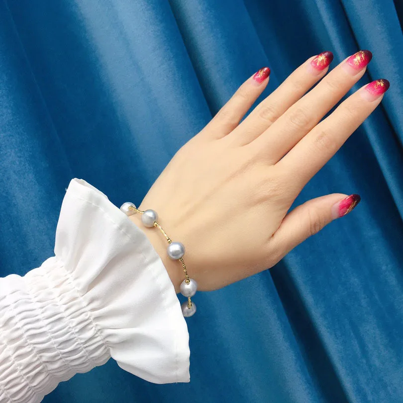 Freshwater Gray Pearl Bracelet Girls Nearly Round Strong Light Flaw Adjustment Chain Design Elegant Temperament Jewelry