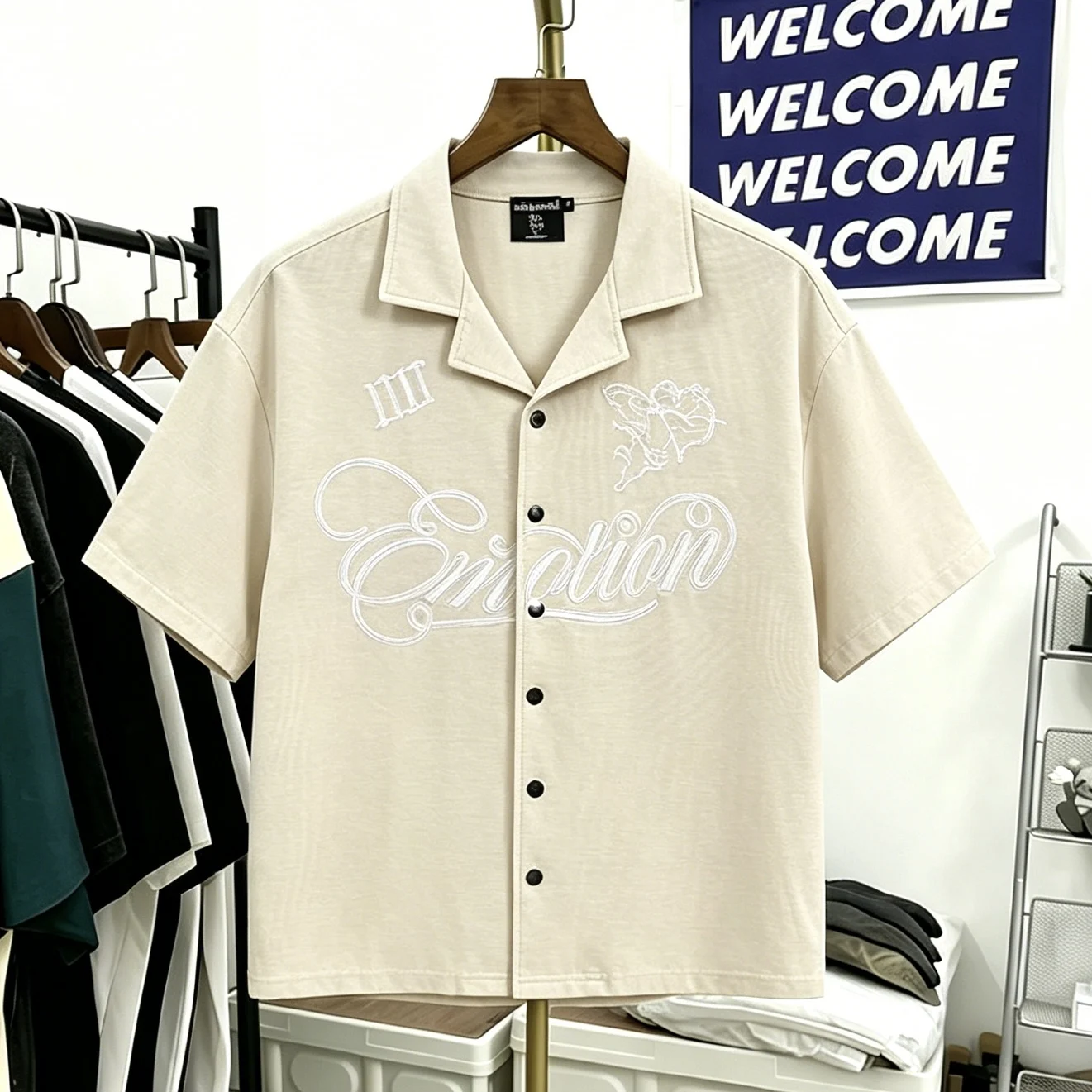 

Casual Cuban Collar Short Sleeve Embroidered Shirt Men's Textured Waffle Pattern Loose Fit Comfortable Breathable Cotton Summ...