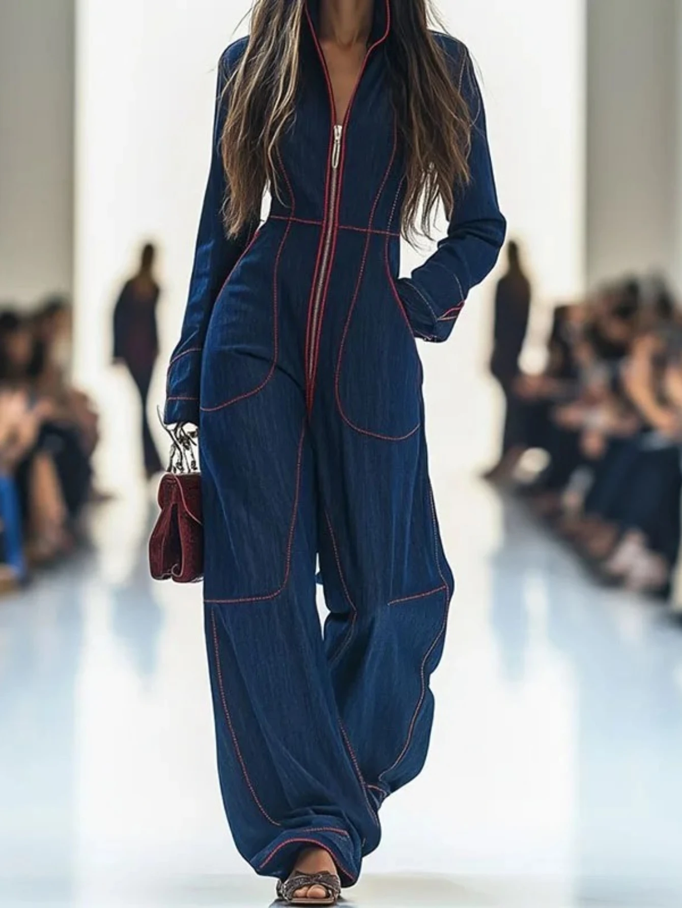 

Элегантный комбинезон с молнией на талии, облегающий, в ковбойском стиле, для вечеринок, женский, с длинными рукавами, в стиле карго, однотонный, уличный стиль