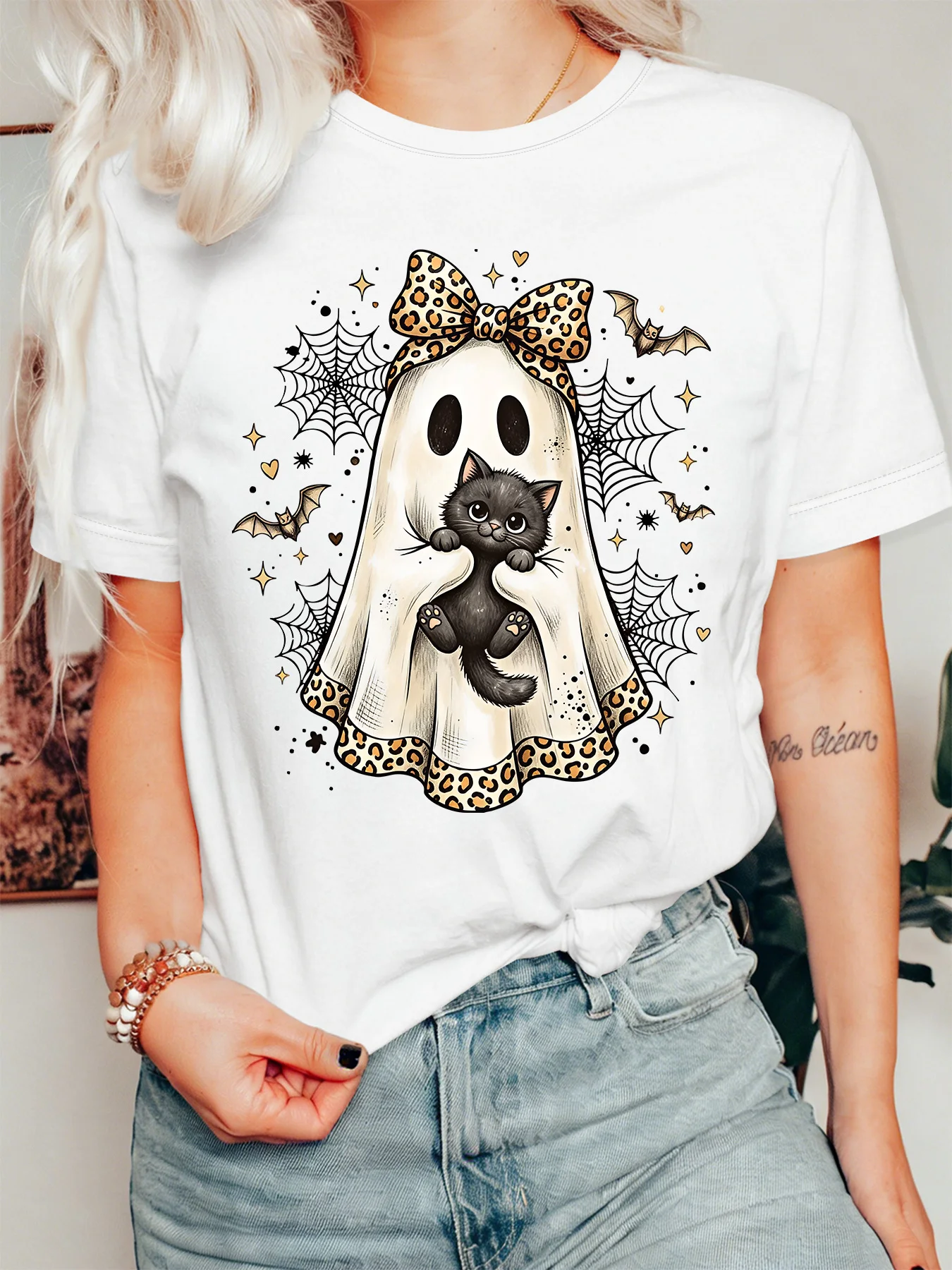 Cute Ghost Cat Womens T Shirt Leopard Trim Ghost Hold Kitten Spiderweb Bat Cartoon Graphic Short Sleeve O Neck Holiday Tops