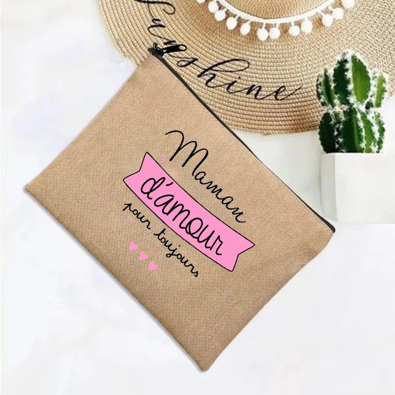 French Print Mother's Day Gifts Simple Linen Wallet Beach Holiday Travel Organizer Makeup Case Wristlet Clutch Bag Mom Shopping