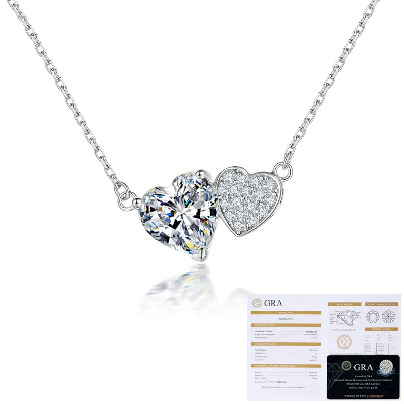Hot selling S925 silver minimalist double heart-shaped moissanite necklace, fashionable and versatile necklace, wedding jewelry