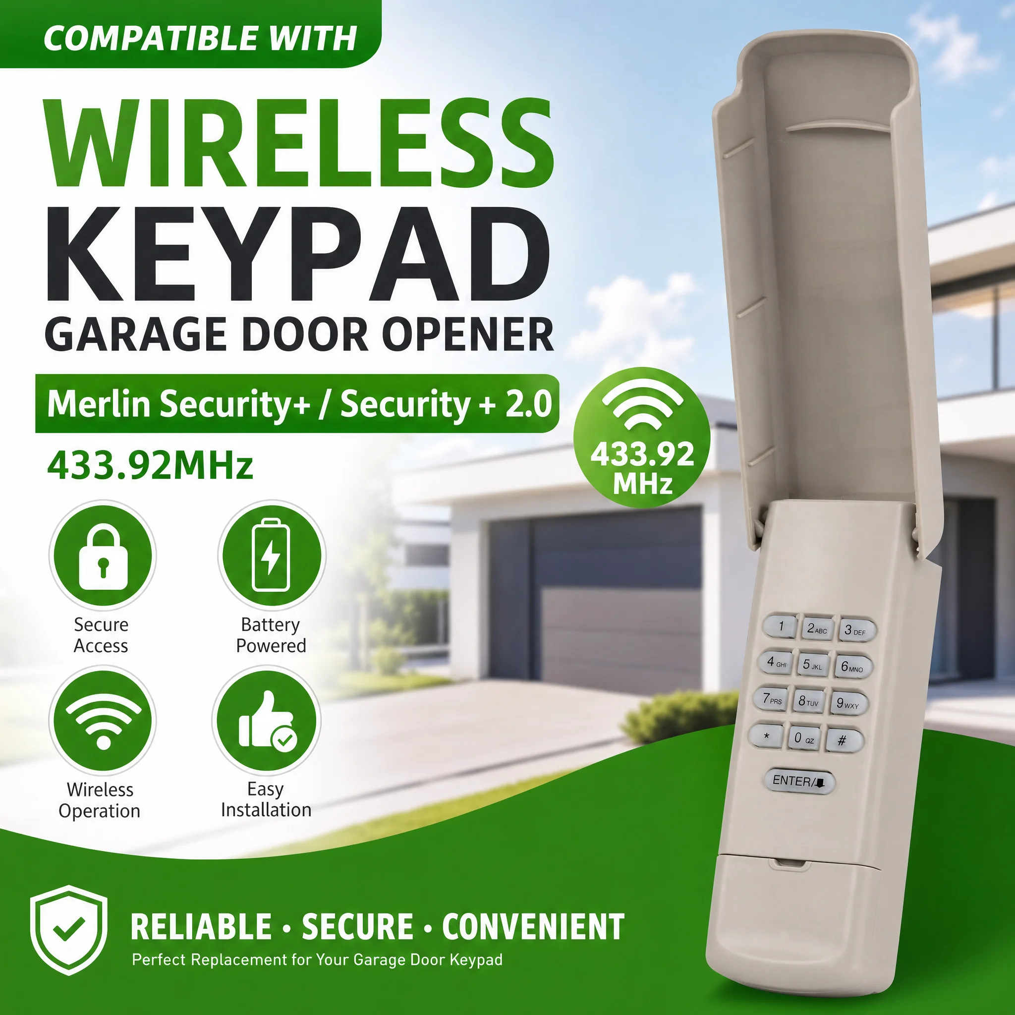 

Replacement Merlin Security+ 2.0 Garage Door Remote & Keypad for Merlin MT60PP C945 E950M E945M E940M Rolling code remote