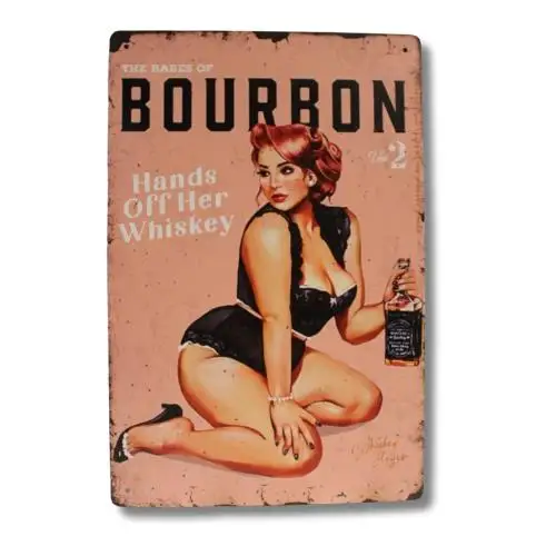Bourbon Whiskey Pinup Girl Tin Sign Metal The Babes of Vintage Rustic Look
