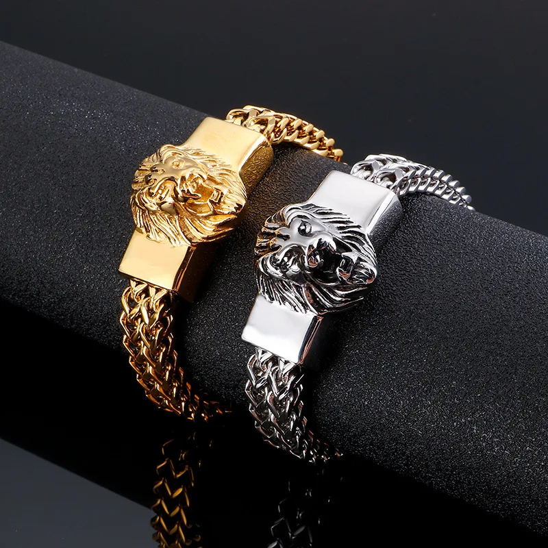 Hip Hop Rock Stainless Steel Lion Double layer Franco Link Chain Bracelet for Men Rapper Jewelry Gold Silver Color